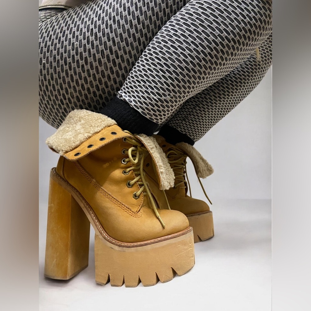 Jeffrey Campbell Tan In Charge Nubuck Leather Shearling Wood Platform Boots - Picture 5 of 15